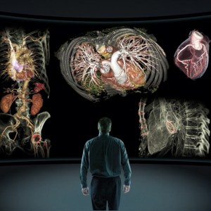 Man looking at a wall of flat screen monitors